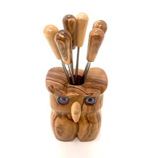 6 party sticks with holder in owl shape made of olive wood handmade in Mallorca cheese sticks fruit sticks
