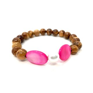 Bracelet made of olive wood beads with white pearl and pink gem stone handmade in Mallorca