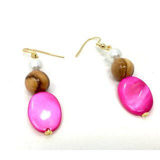 Olive wood earrings with white pearl and pink gemstone handmade on Mallorca wood jewelry summer beach jewelry