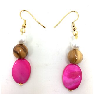 Olive wood earrings with white pearl and pink gemstone handmade on Mallorca wood jewelry summer beach jewelry