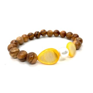 Bracelet made of olive wood beads with white pearl and yellow oval gemstone handmade on Mallorca summer unique piece