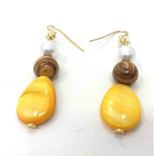 Olive wood earrings with white pearl and yellow gemstone handmade on Mallorca summerlock wood jewelry