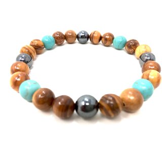 Bracelet made of olive wood beads with turquoise gemstones handmade on Mallorca unique piece of wood jewelry
