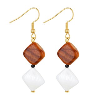 Olive wood earrings with diamond shaped appliqués and white gemstone handmade in Mallorca