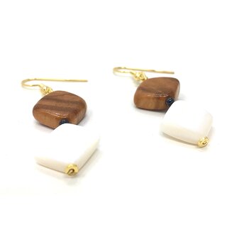 Olive wood earrings with diamond shaped appliqués and white gemstone handmade in Mallorca