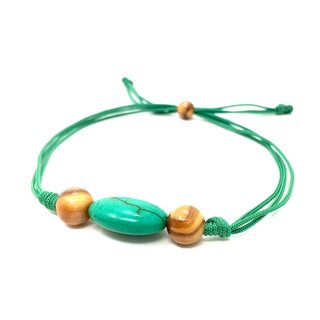 Bracelet made of olive wood Beads with green gemstone handmade in Mallorca Flexible adjustable anklet