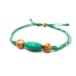 Bracelet made of olive wood Beads with green gemstone handmade in Mallorca Flexible adjustable anklet