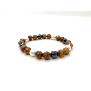 Bracelet made of olive wood beads with white and gray pearls handmade on Mallorca unique piece