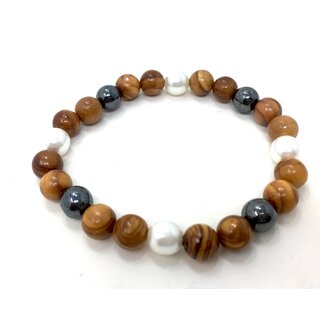 Bracelet made of olive wood beads with white and gray pearls handmade on Mallorca unique piece