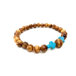 Bracelet made of olive wood beads with turquoise crucifix made of gemstones handmade on Mallorca unique piece of wood jewelry
