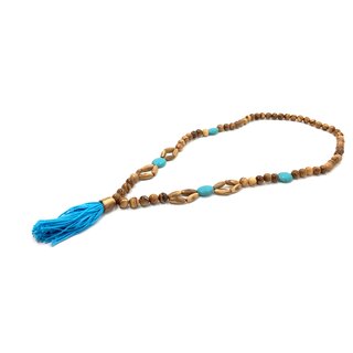 Halskette aus Olivenholzperlen mit Türkisem Stein handgefertigt auf Mallorca lange Holzkette Sommerlock Natur Einzelstücke