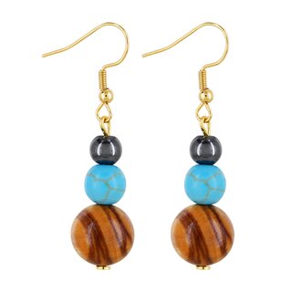 Earrings made of olive wood beads with turquoise stone and hematite pearl handmade on Mallorca summerlock nature single pieces