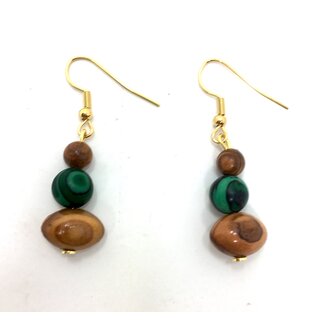 Earrings made of olive wood with green colored wooden beads handmade in Mallorca Summer Love Nature Unique pieces