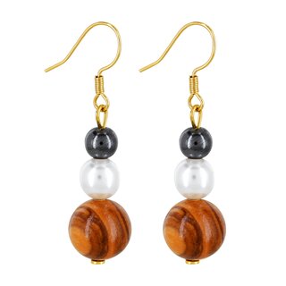 Olive wood earrings with white pearl and hematite pearl handmade in Mallorca Summer love nature unique pieces