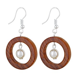 Earrings made of olive wood with white pearls handmade on Mallorca single piece summer love wooden earrings