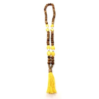 Halskette aus Olivenholzperlen mit gelben und weißen Schmuckstein handgefertigt auf Mallorca lange Holzkette Sommerlock Natur Einzelstücke