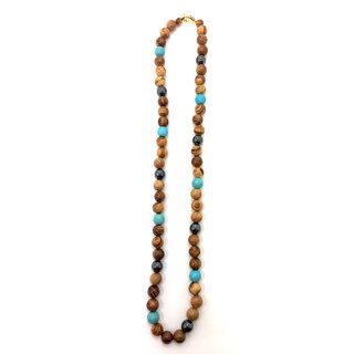Halskette aus Olivenholz Perlen mit türkisem Stein und Hämatit Perle handgefertigt auf Mallorca Einzelstück Holzkette
