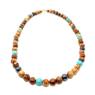 Necklace made of olive wood beads with turquoise stone and hematite bead handmade on mallorca unique piece of wood necklace