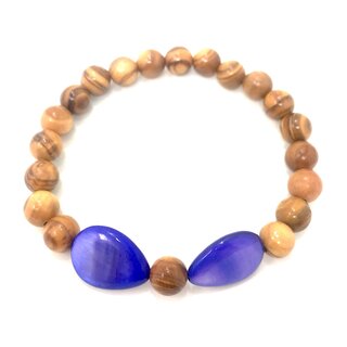 Bracelett made of olive wood perls with violet semi precious stones, hand made in Majorca, unique piece of olive wood perls, colour violet