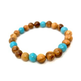 bagusto bracelet made of olive wood beads with turquoise beads 8mm beads handmade on Mallorca natural product stretch band