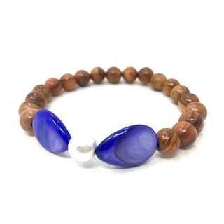 Bracelett made of olive wood perls with violet semi precious stones, hand made in Majorca, unique piece of olive wood perls, colour violet