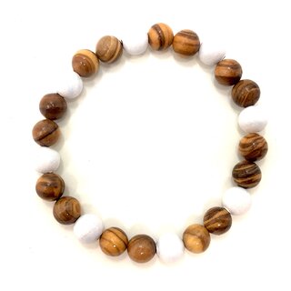 bagusto Armband aus Olivenholz mit 7mm Perlen natur und weiß eingefärbt handgefertigt auf Mallorca Naturschmuck Einzelstück 
